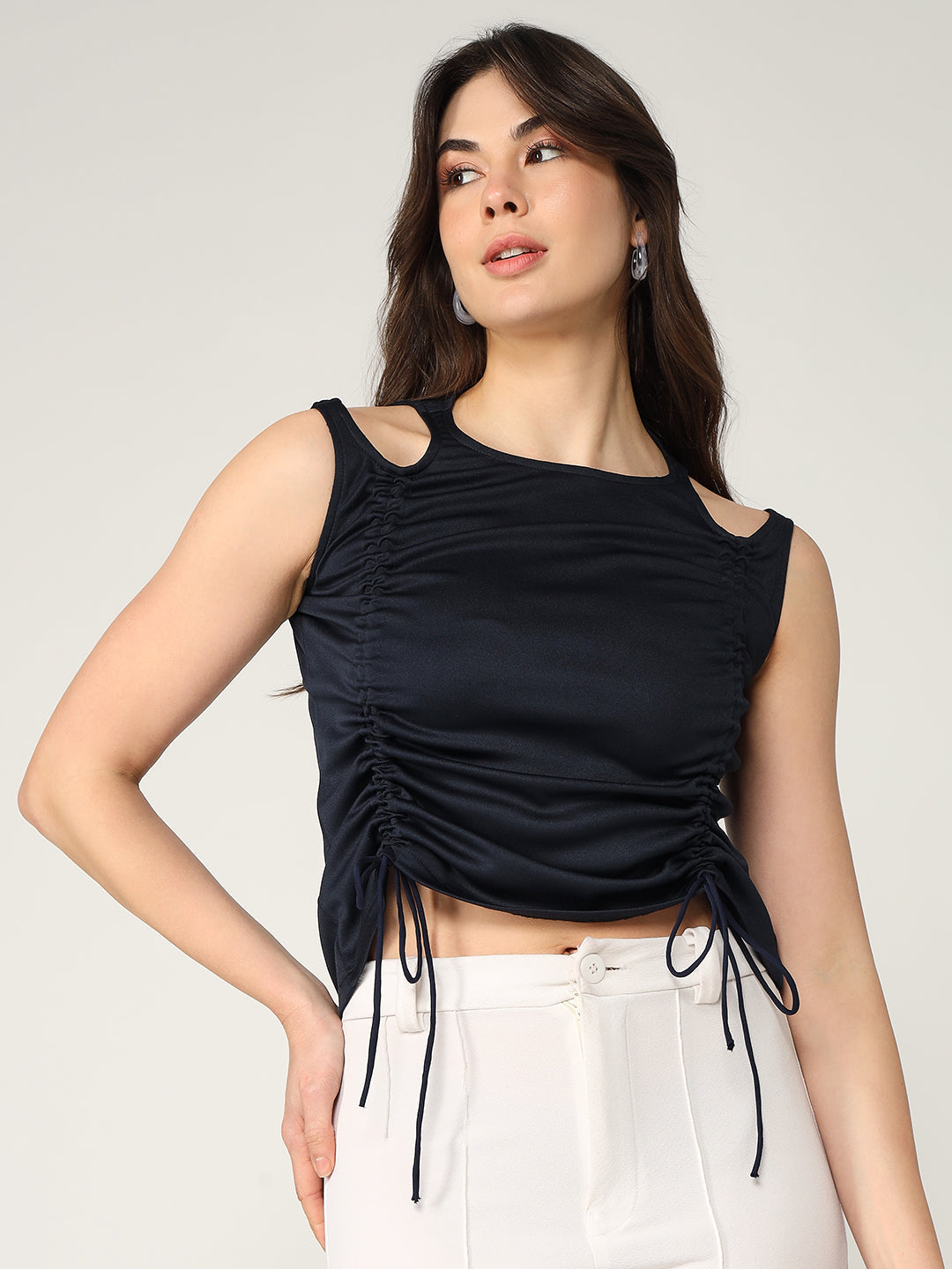 Toto Solid Sleeveless stylish Top With Ruched Drawstring Detailing