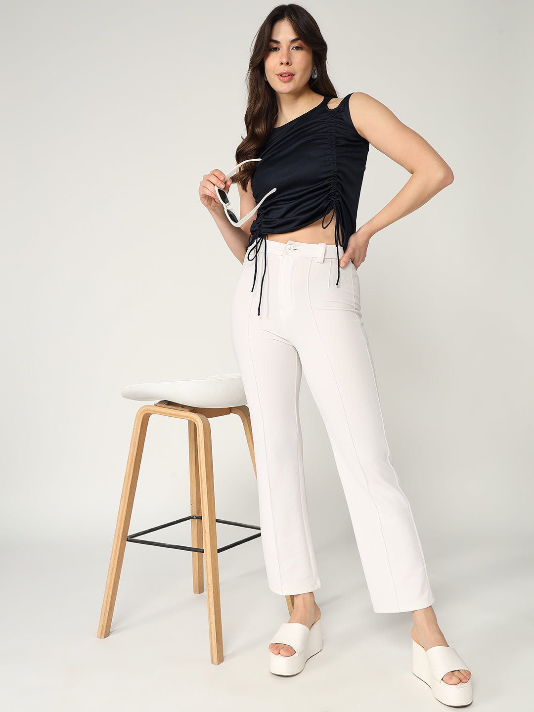 Toto Solid Sleeveless stylish Top With Ruched Drawstring Detailing