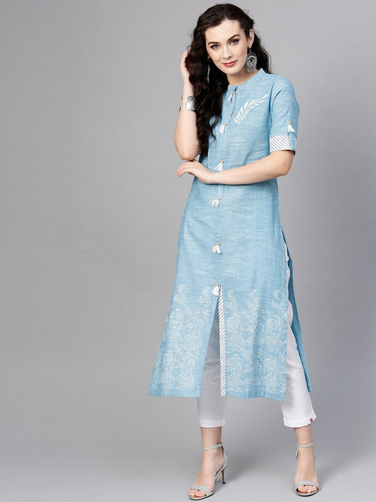 Toto Blue Front Tassel Printed Chambray Kurta